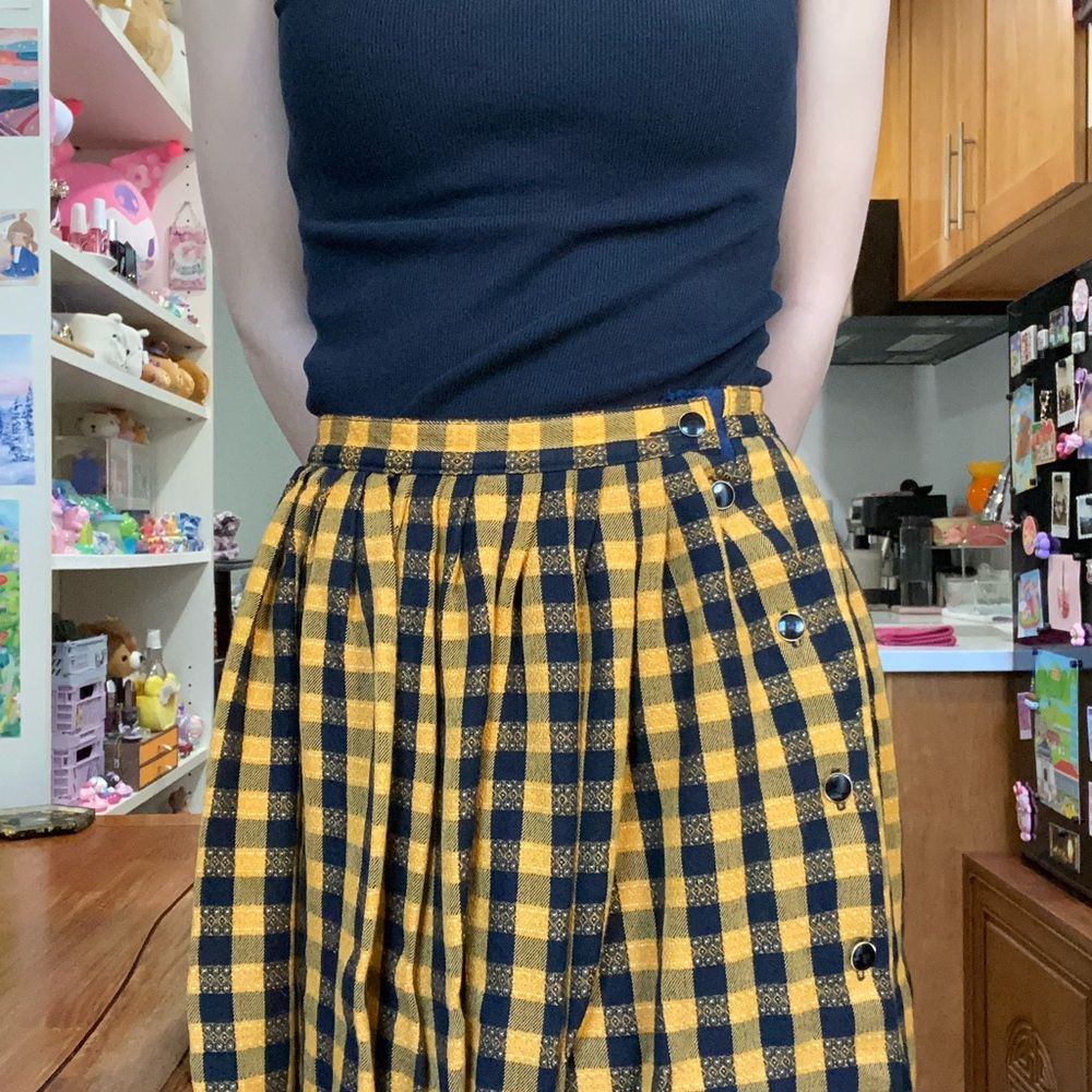 Bianca - Vintage Mustard Yellow & Black Checkered A-Line Wool Skirt